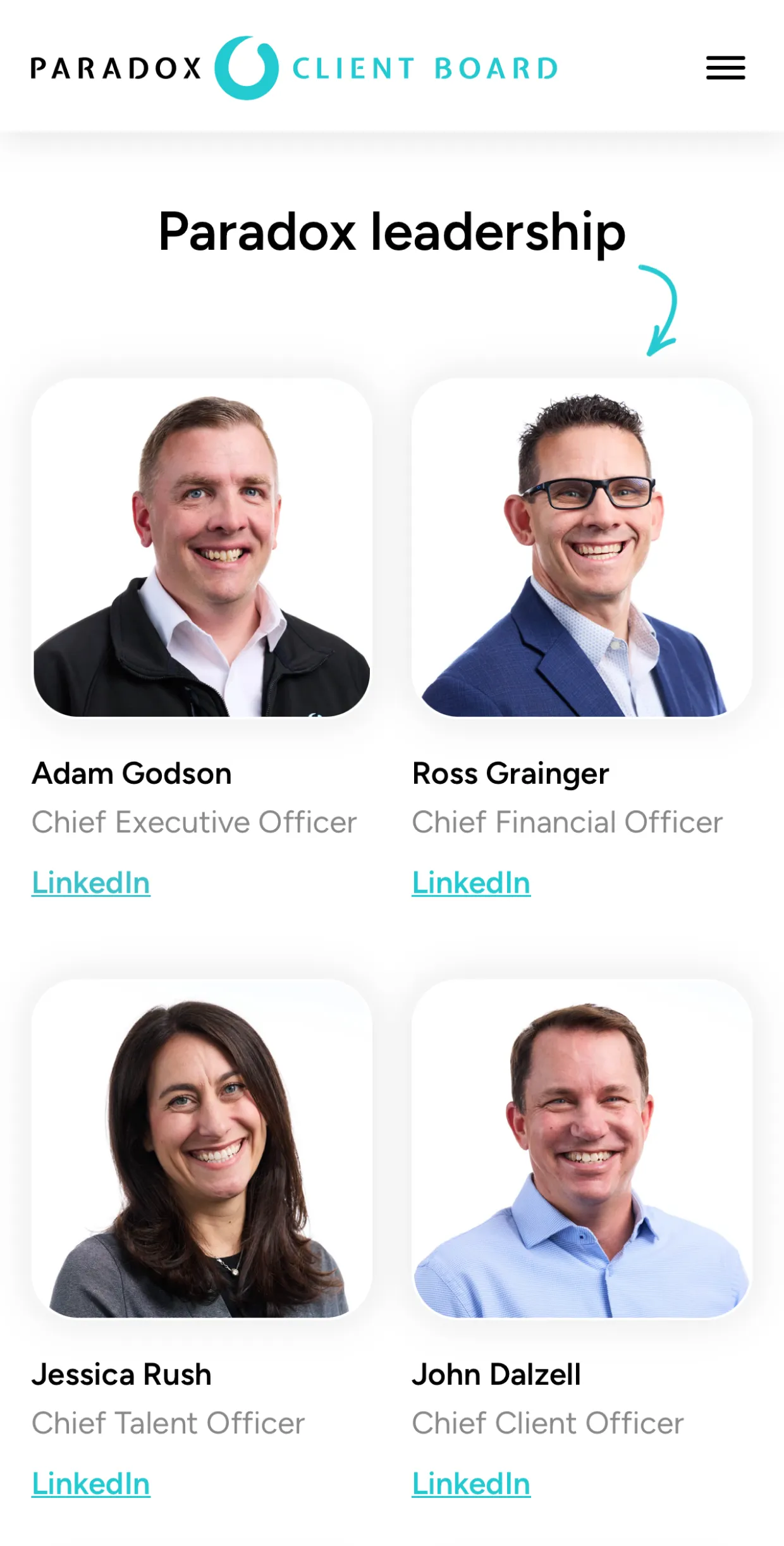 Headshots of Paradox leadership: Adam Godson CEO, Ross Grainger CFO, Jessica Rush CTO, John Dalzell CCO.
