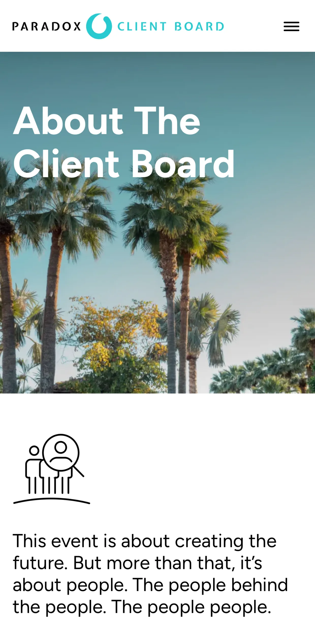 Page header with palm trees and text about the Client Board event focusing on people and the future.