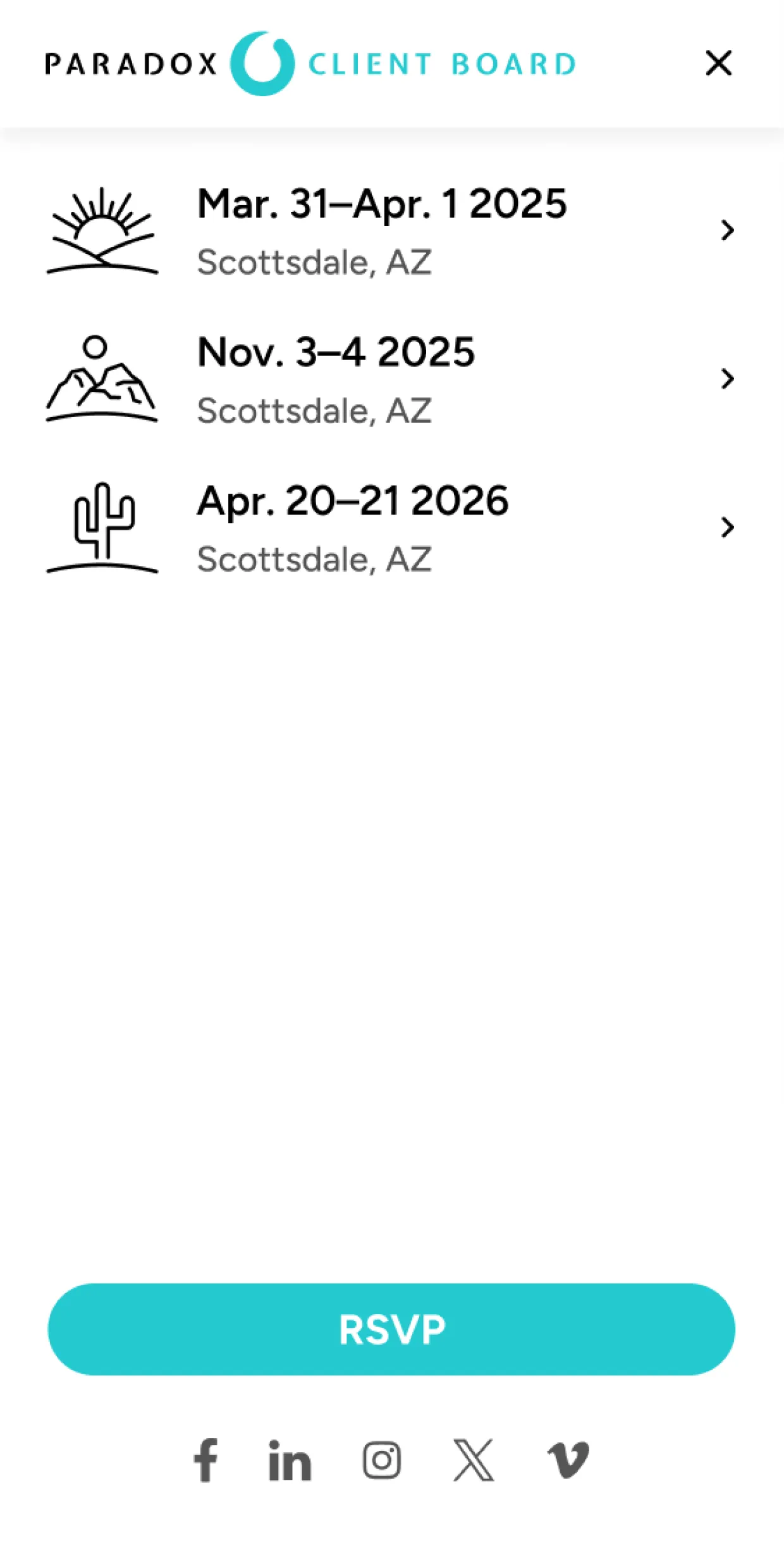 Paradox Client Board event dates in Scottsdale, AZ: Mar 31-Apr 1 2025, Nov 3-4 2025, Apr 20-21 2026, with RSVP button.