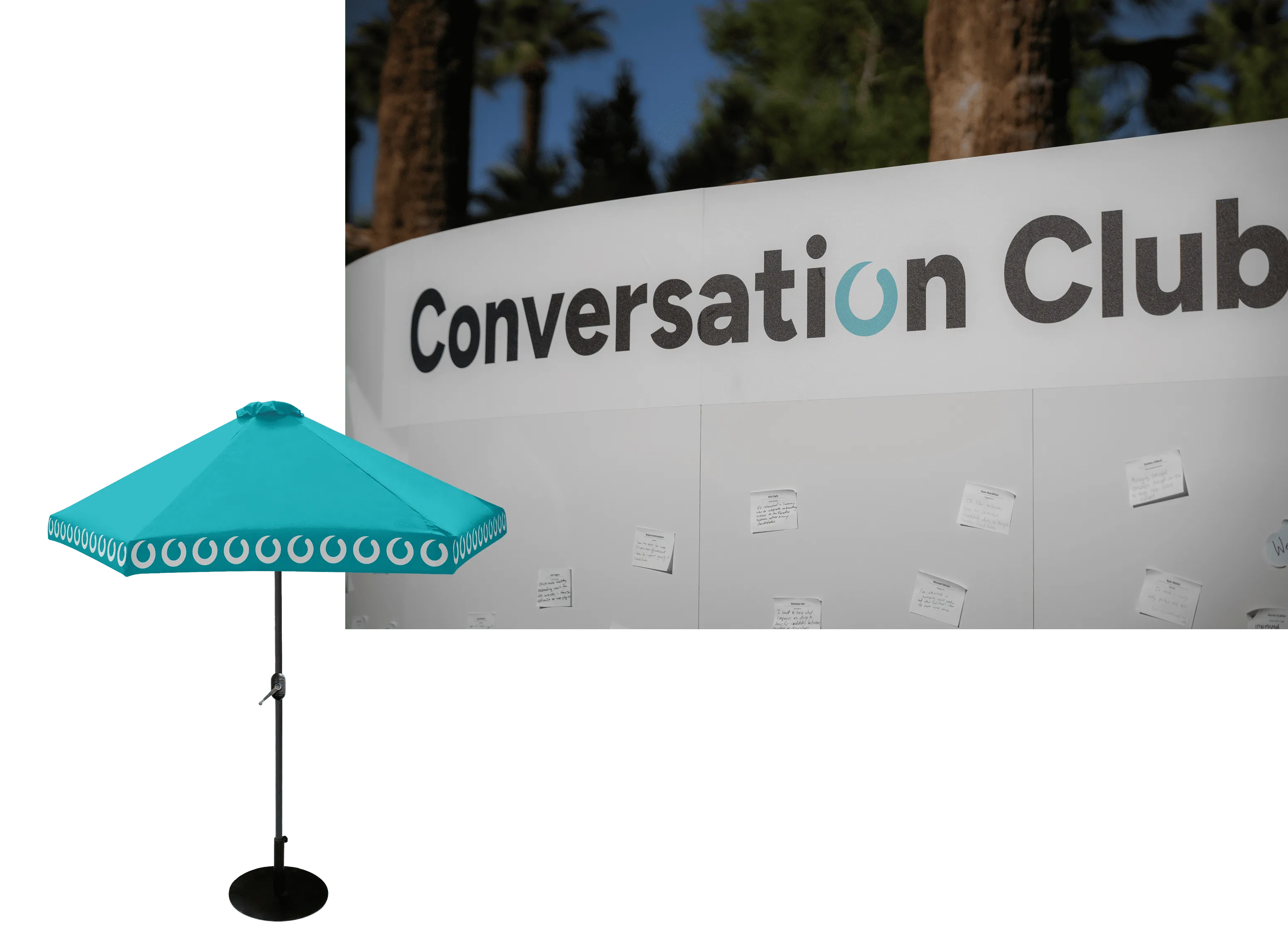 Teal umbrella with circular patterns near a white wall labeled Conversation Club with sticky notes.