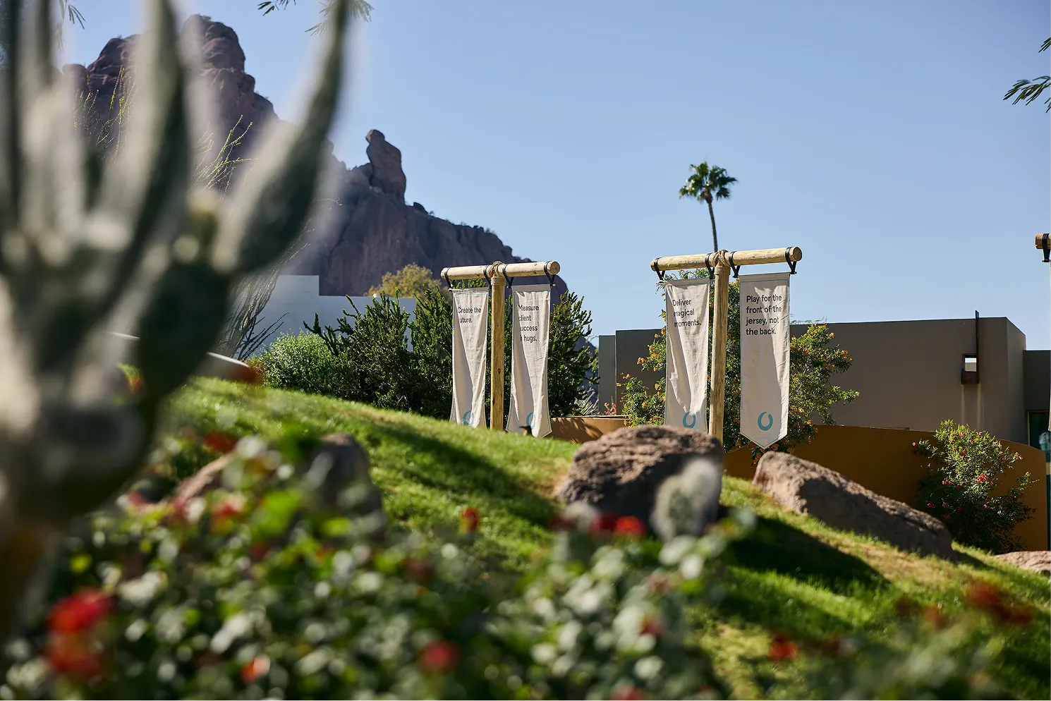 Outdoor scene with green grass, rocks, banners on poles, and a mountain and palm tree under blue sky.