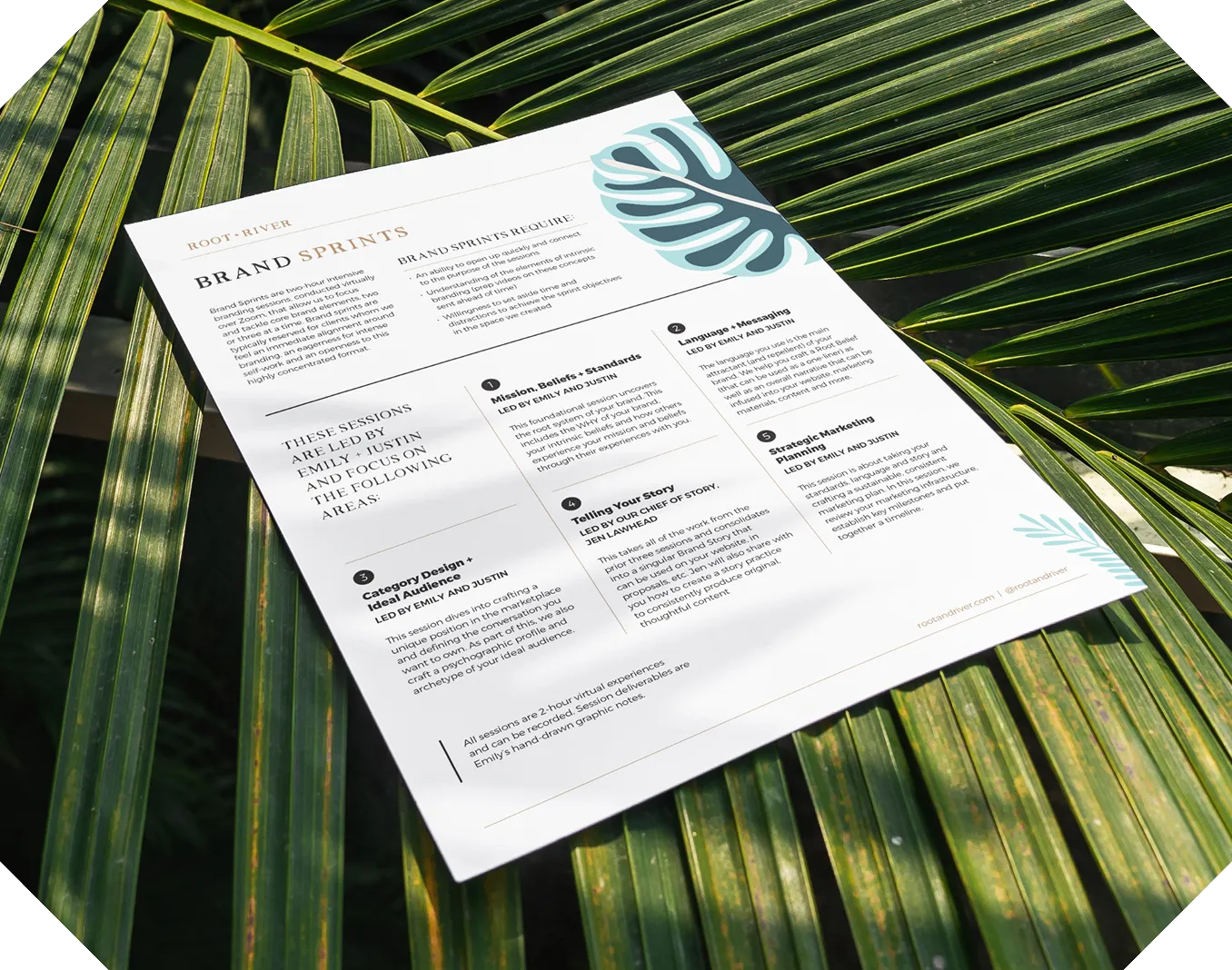 A printed Root + River brand sprints document resting on palm fronds.