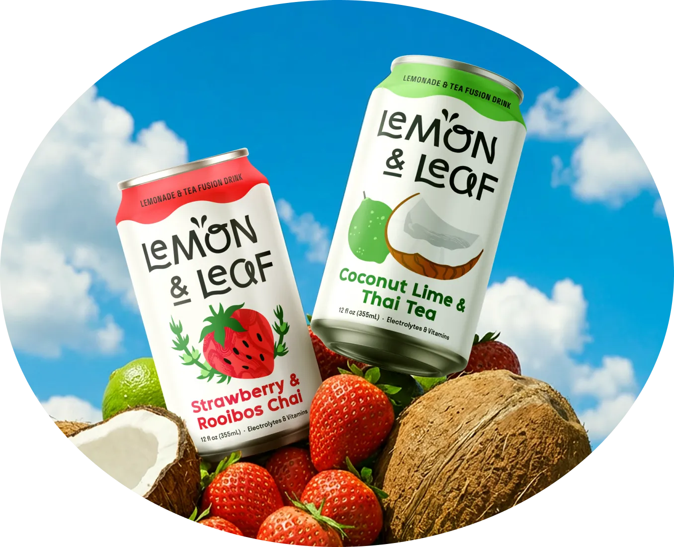 Two Lemon & Leaf cans: Strawberry & Rooibos Chai and Coconut Lime & Thai Tea with fruit background.