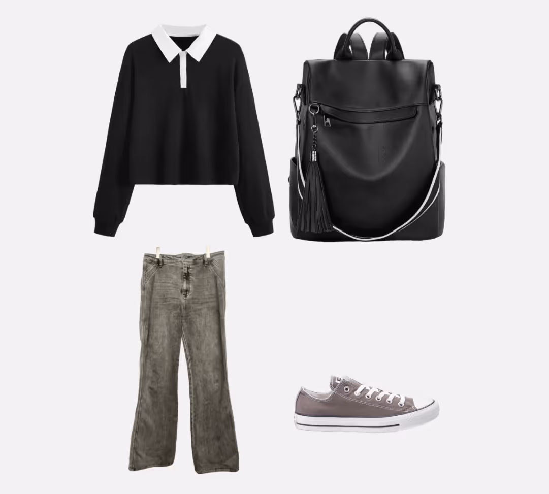 A flat-lay outfit on a pale background: a black collared sweatshirt, a black backpack, olive jeans and grey low-top sneakers.