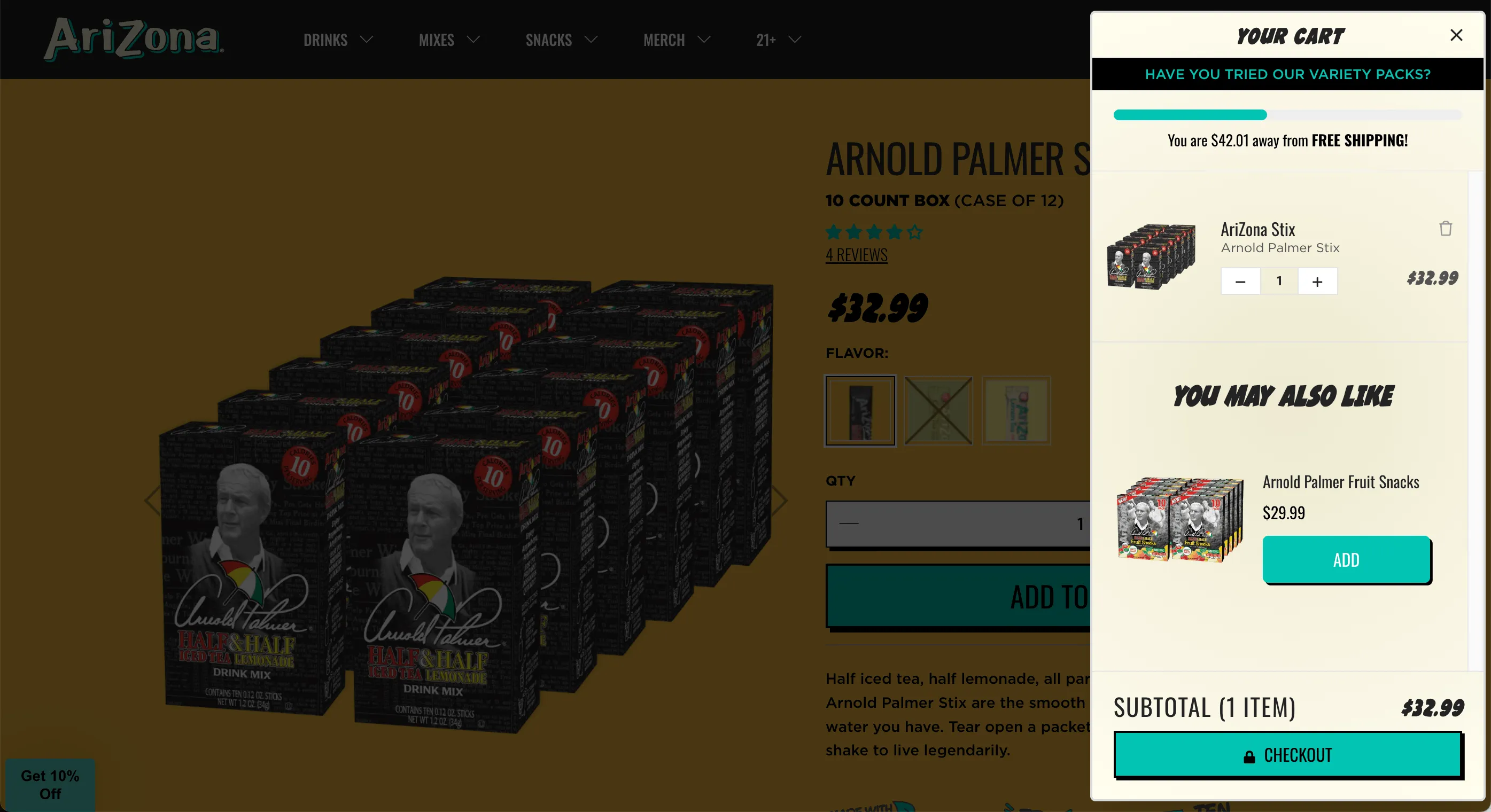 An AriZona product page for a multipack of cans on a dark background.