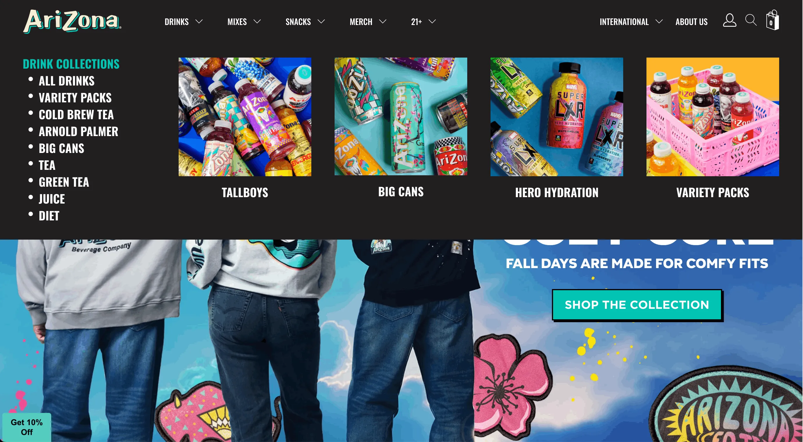 An AriZona site page showing a product grid with the navigation menu expanded.