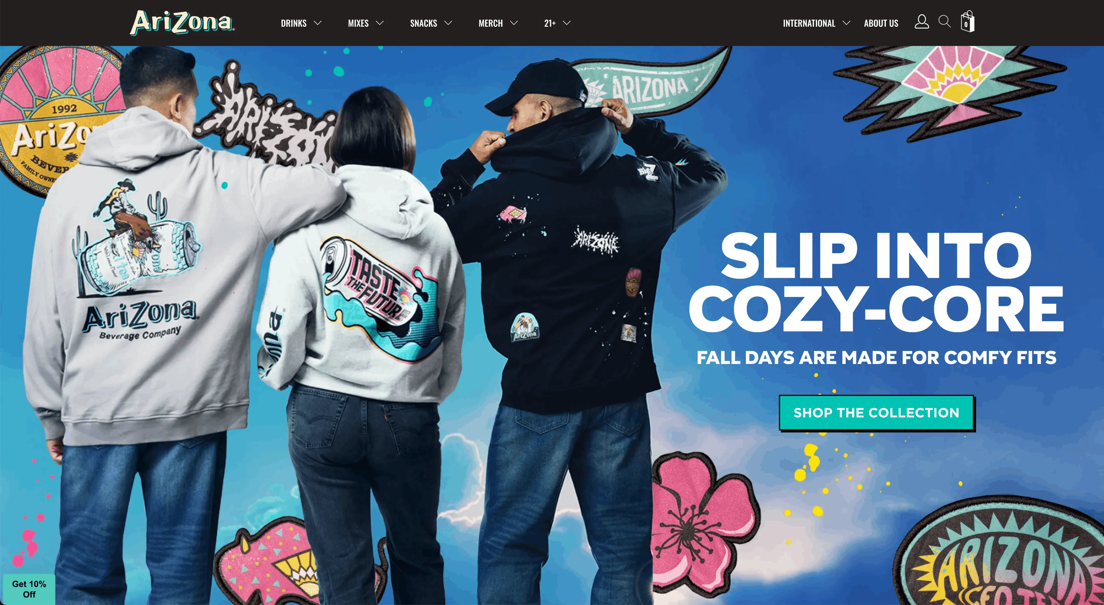 The AriZona website homepage promoting a "Slip into cozy-core" apparel collection.