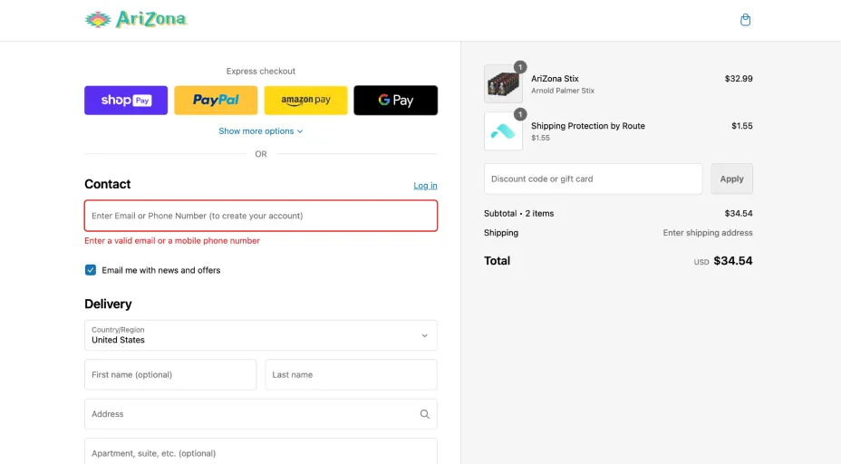 An AriZona checkout page with contact and delivery form fields.