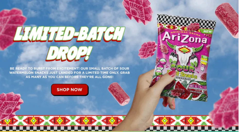An AriZona "Limited-batch drop" promotion with a hand holding a snack pack.