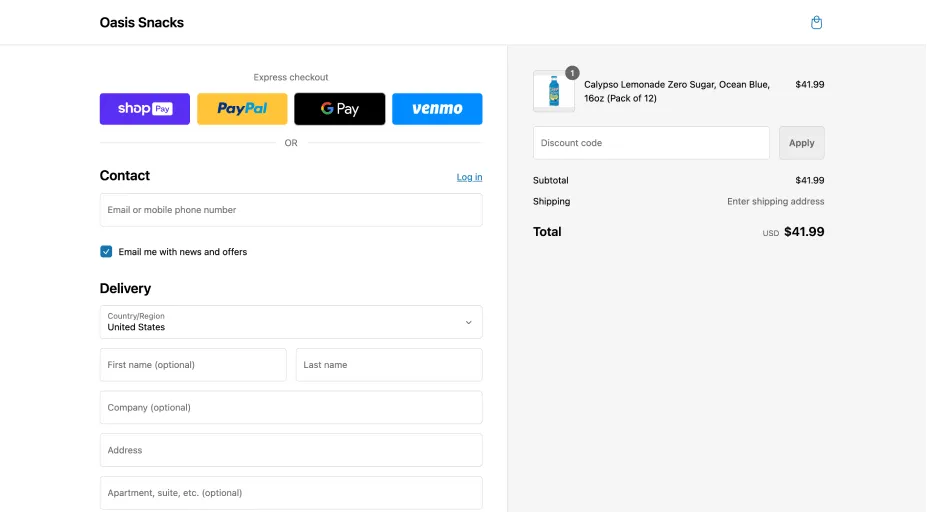 An Oasis Snacks checkout page with contact and delivery form fields.