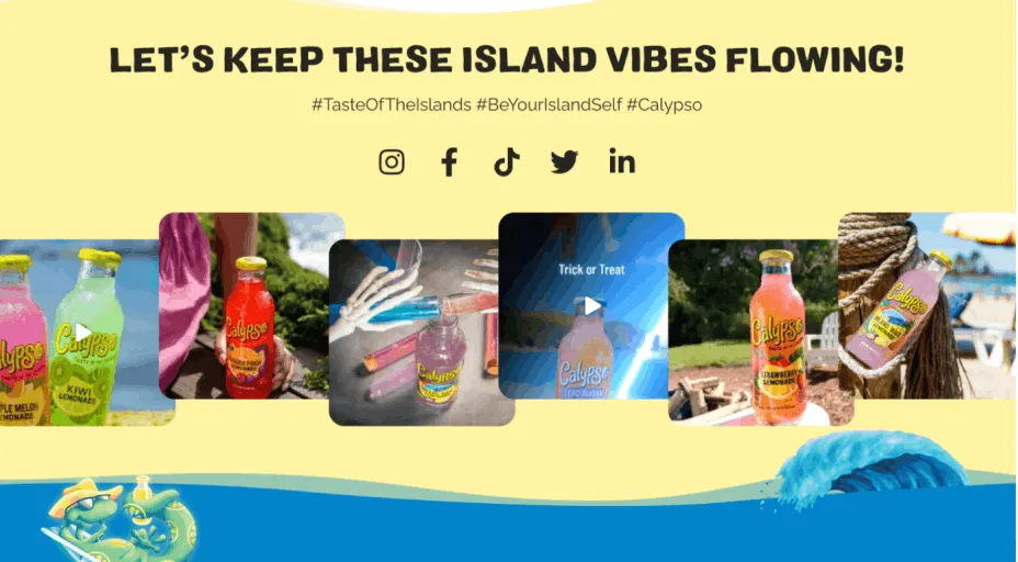 A Calypso social feed section reading "Let's keep these island vibes flowing!"