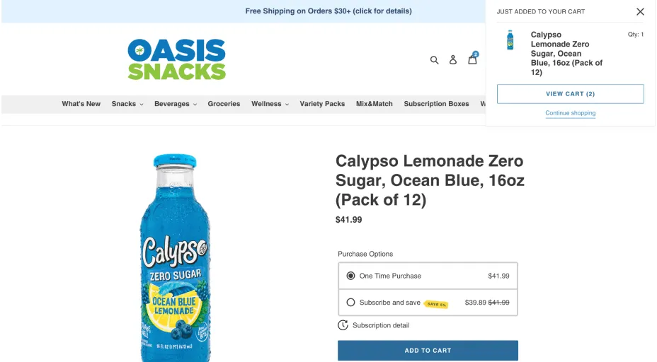 An Oasis Snacks product listing for Calypso Lemonade Zero Sugar Ocean Blue.