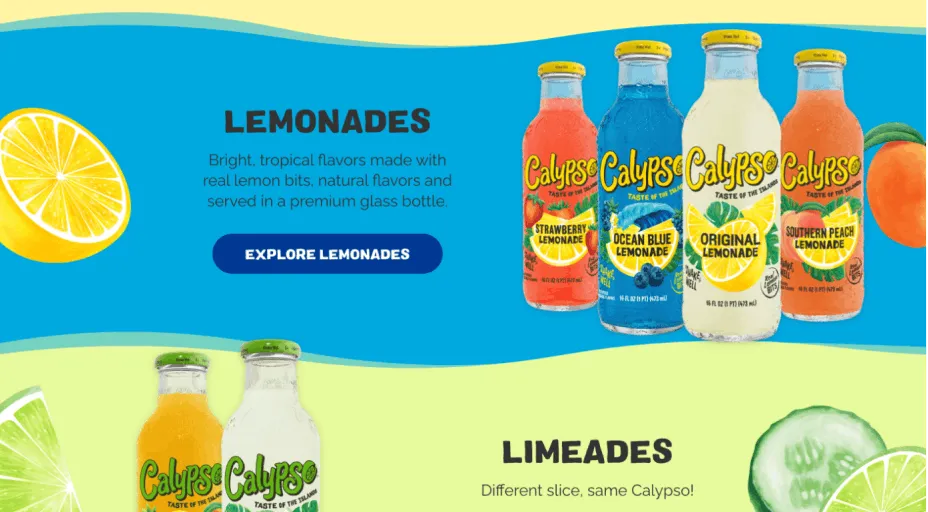 A Calypso page presenting its lemonade and limeade product ranges.