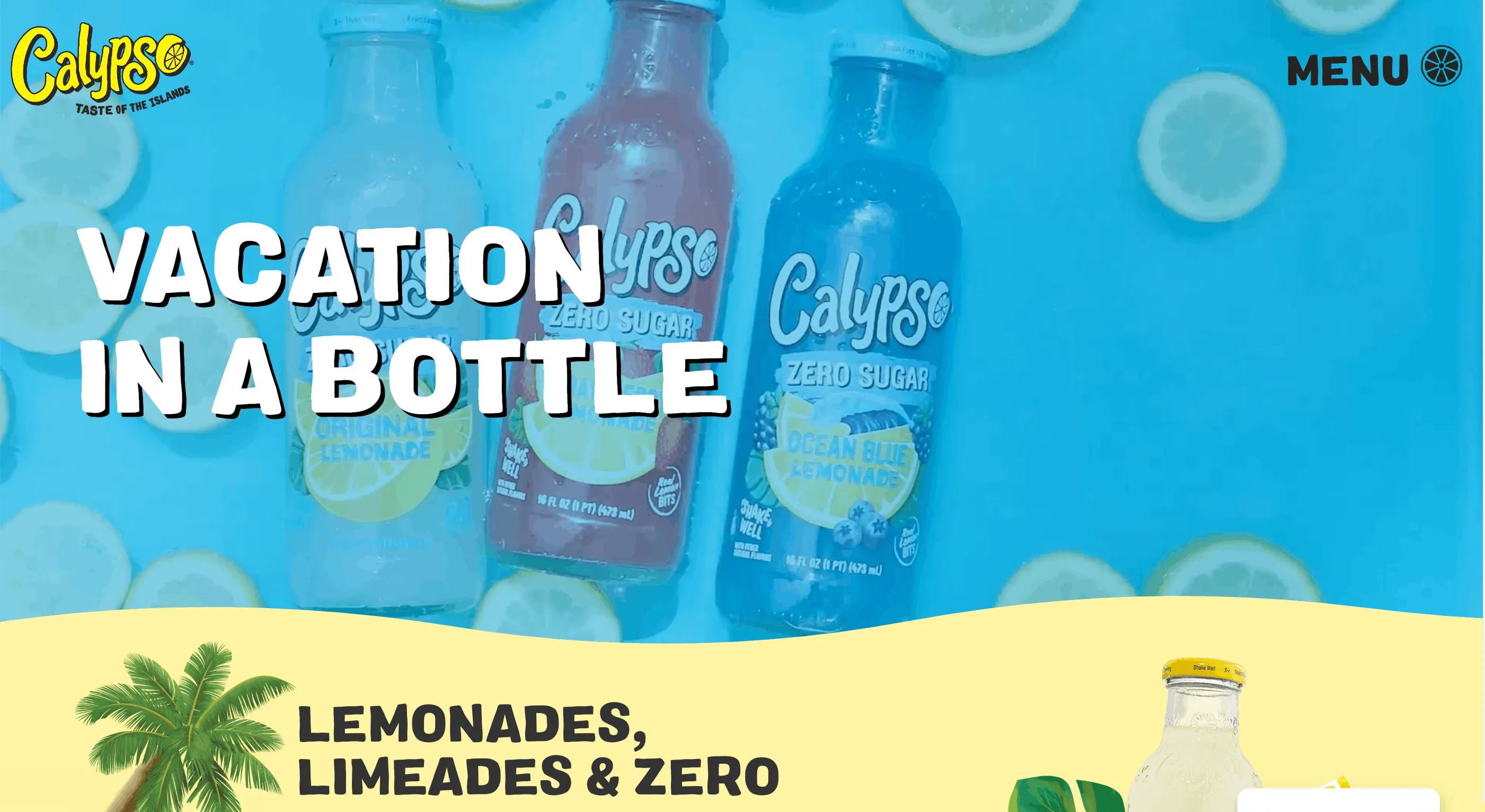 The Calypso website headed "Vacation in a bottle", featuring lemonades and limeades.