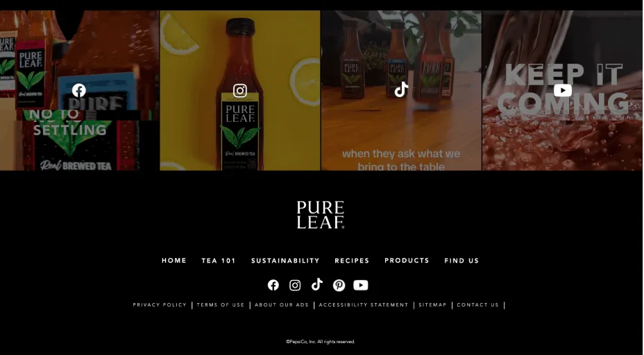 A Pure Leaf site footer reading "Keep it coming" over a photograph.