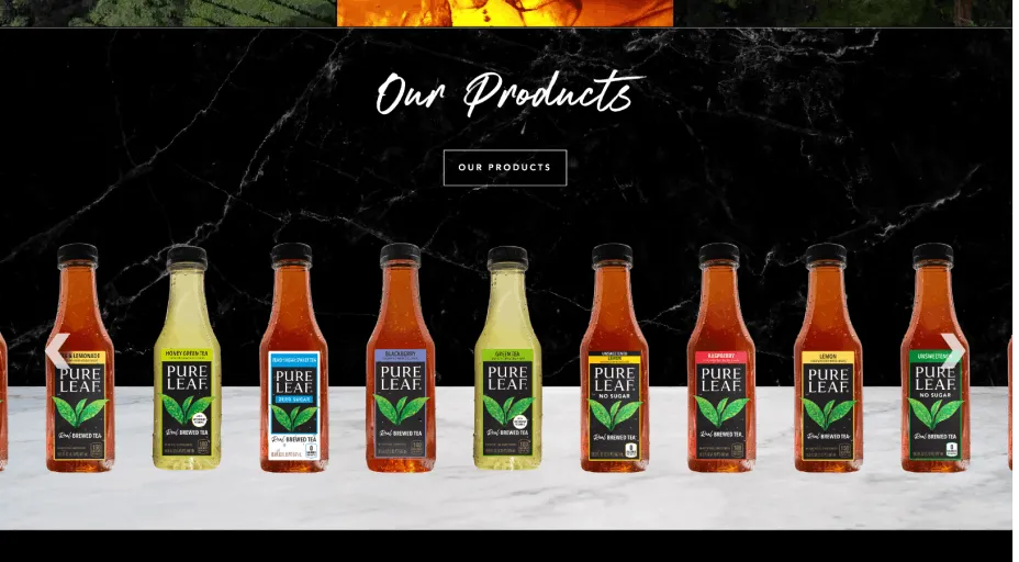 A Pure Leaf products page with a row of tea bottles on a dark background.