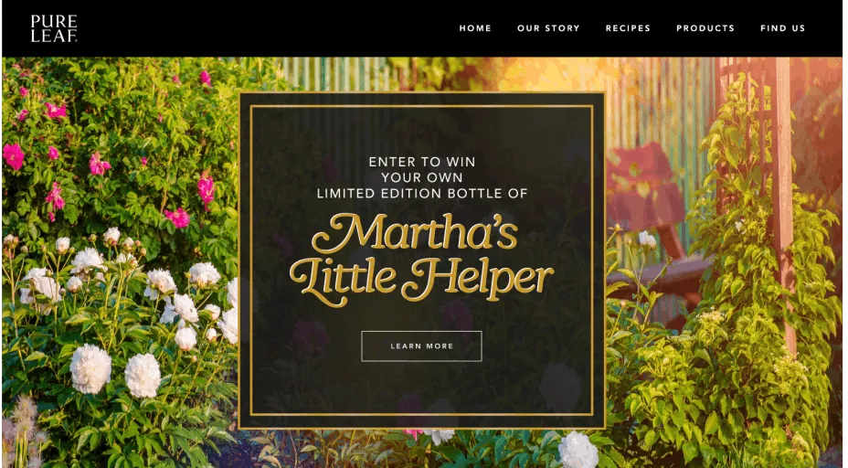 A Pure Leaf competition page offering a limited-edition bottle of Martha's Little Helper.