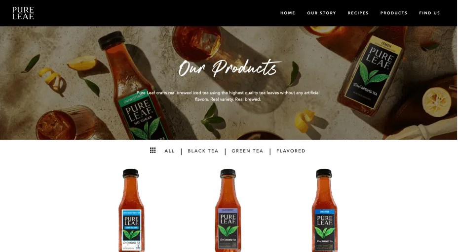 A Pure Leaf "Our Products" page showing three bottles of iced tea.