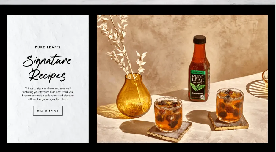 A Pure Leaf "Signature Recipes" page with a bottle and glasses of iced tea.