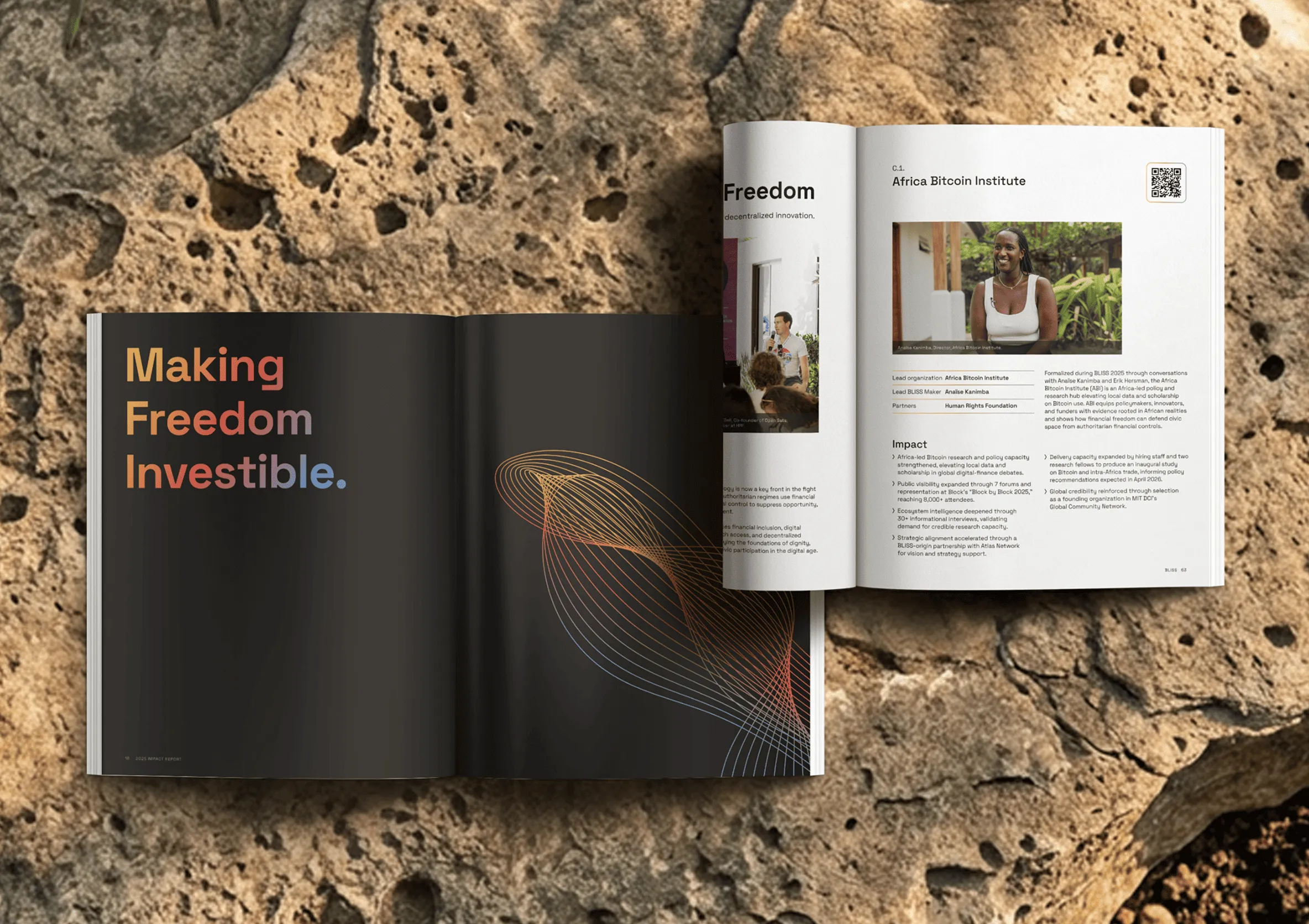 Open magazines on rough stone surface, one page reads Making Freedom Investible in colorful text.