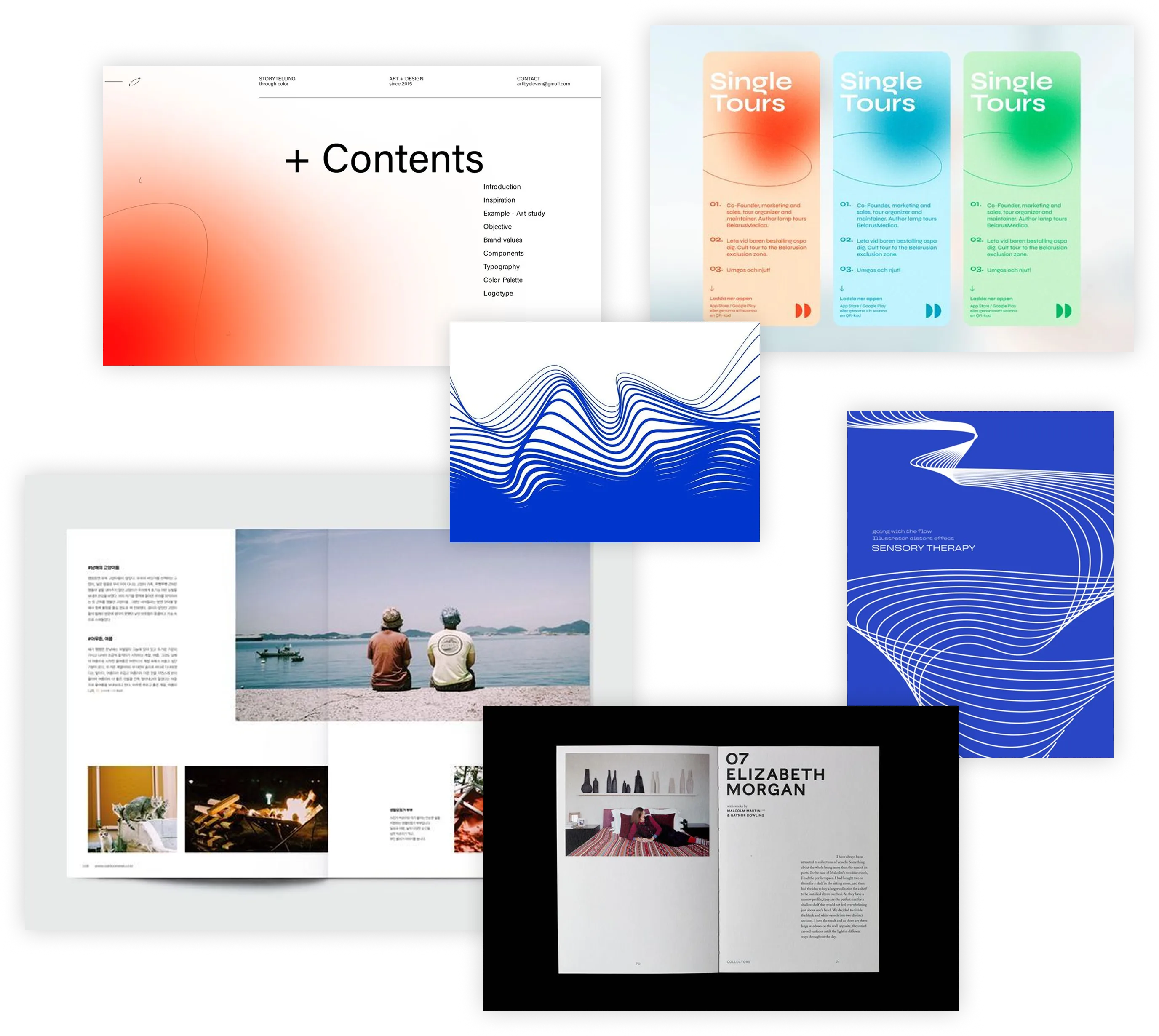 Collage of magazine and brochure pages with text, photos, and illustrations about brands and growth.