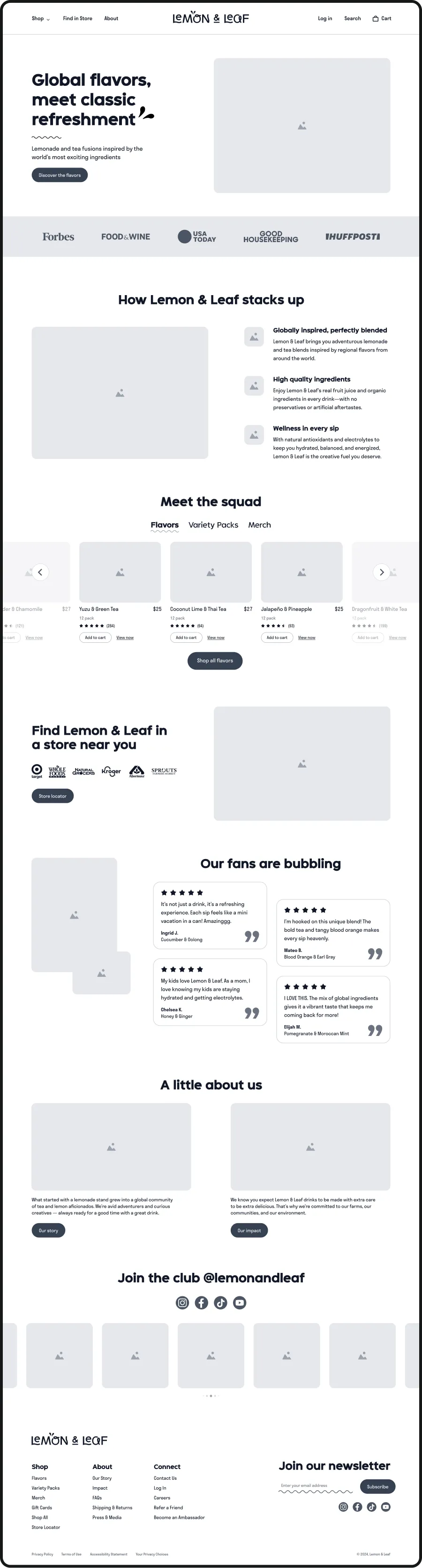 A greyscale wireframe of a Lemon & Leaf product page with supporting content sections.