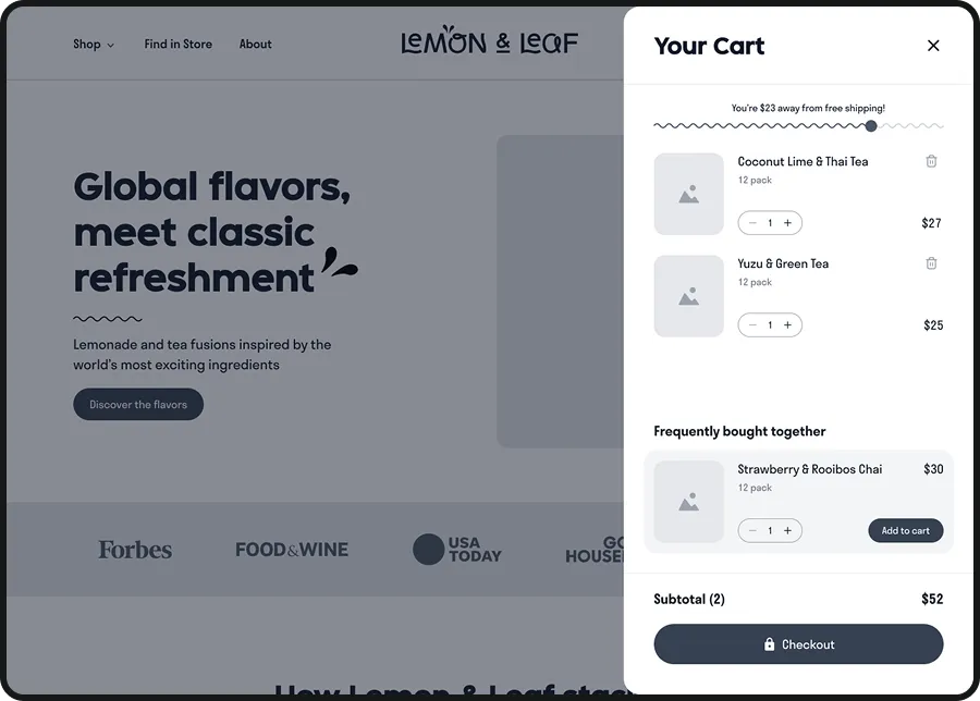 A Lemon & Leaf homepage headed "Global flavors, meet classic refreshment" with the cart panel open.