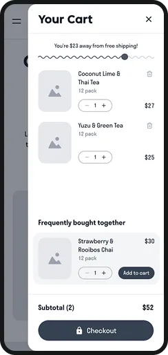 A mobile cart panel showing selected drinks, a frequently bought together row and a checkout button.