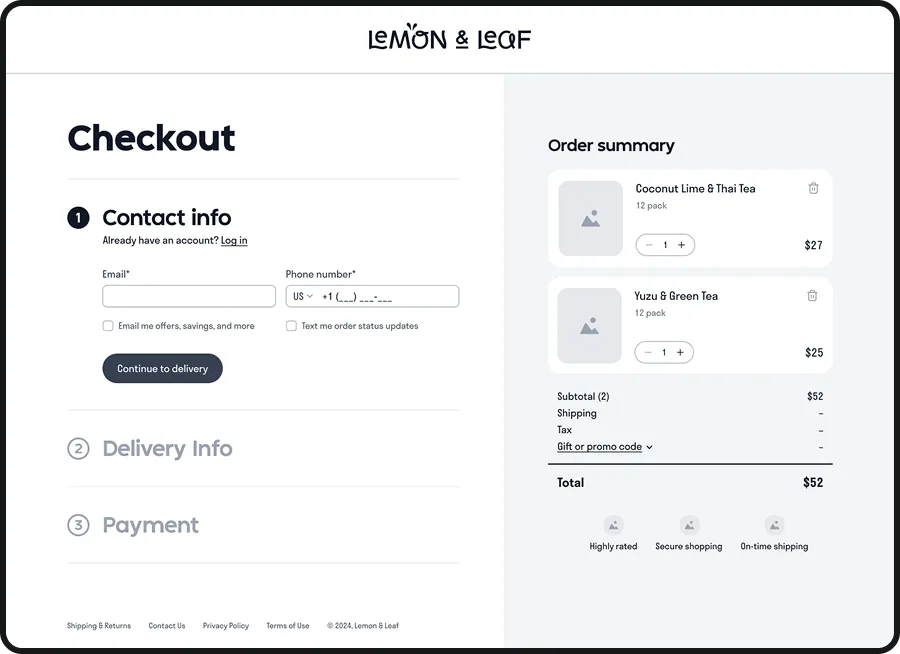A desktop checkout page with contact info, delivery and payment steps beside an order summary.