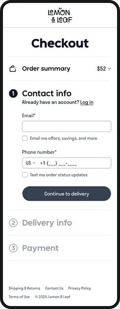A mobile checkout screen with order summary, contact info, delivery and payment steps.