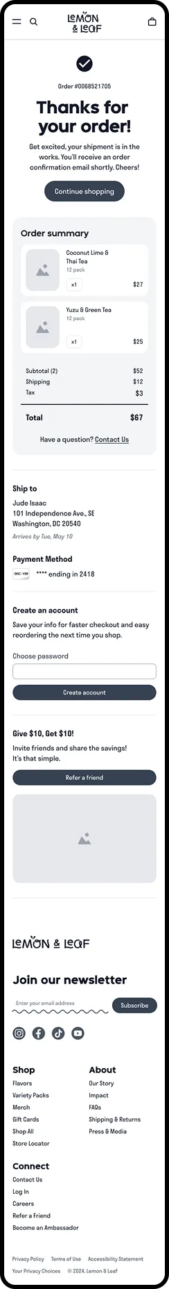 A tall mobile order confirmation screen with order details and newsletter signup.