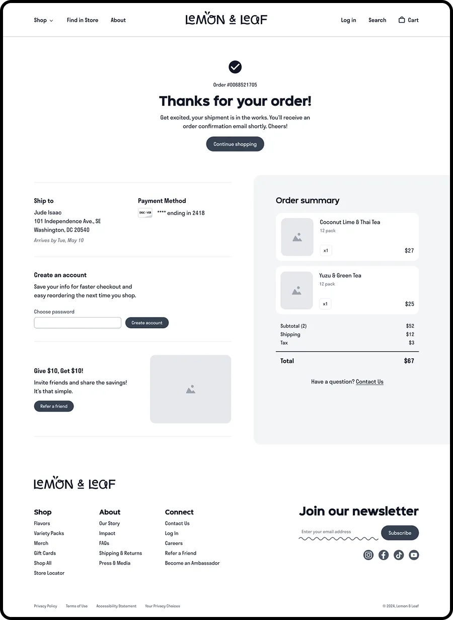 A desktop order confirmation page reading "Thanks for your order!" with an order summary.