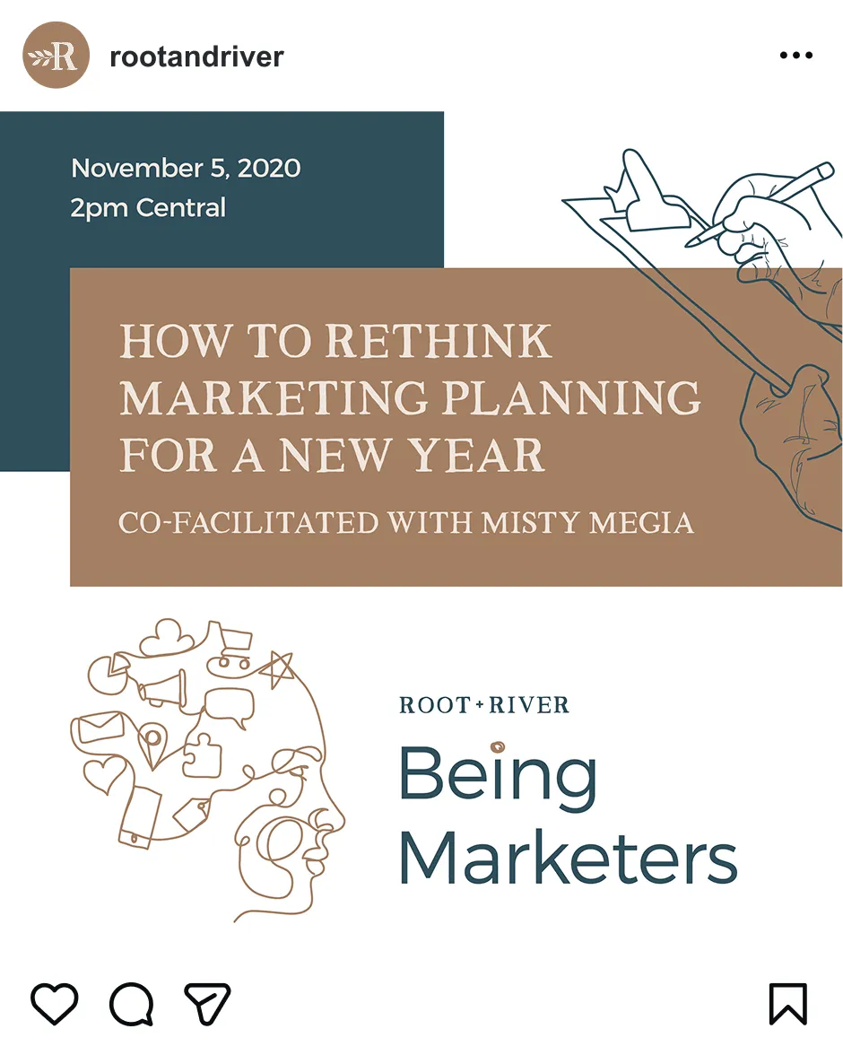 A Root + River Instagram post promoting a session on rethinking marketing planning for a new year.