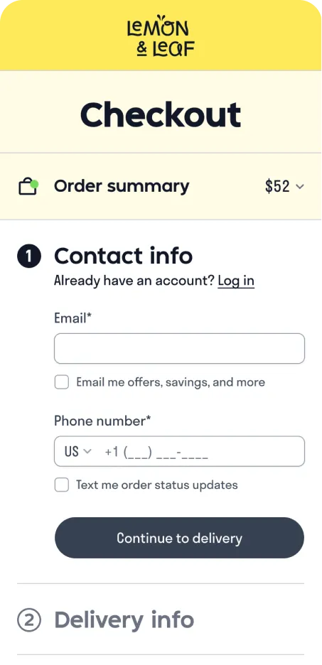A mobile checkout screen showing the contact info step and a continue to delivery button.