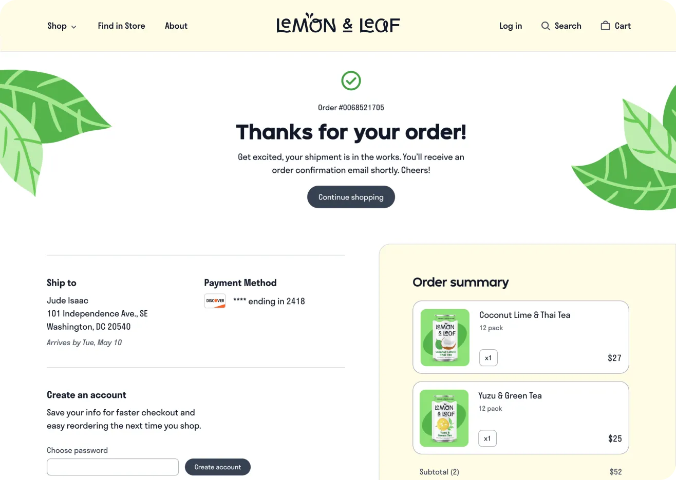A Lemon & Leaf order confirmation page with shipping, payment method and order summary panels.