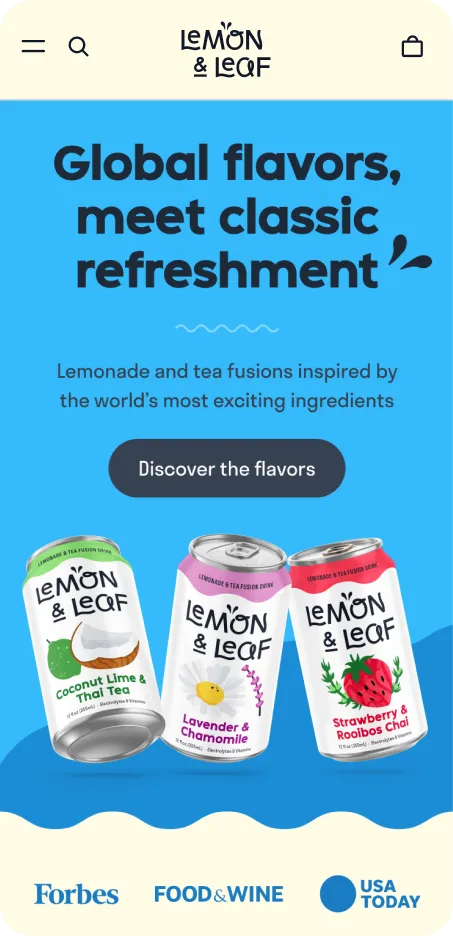 A mobile homepage headed "Global flavors, meet classic refreshment" with press logos beneath.