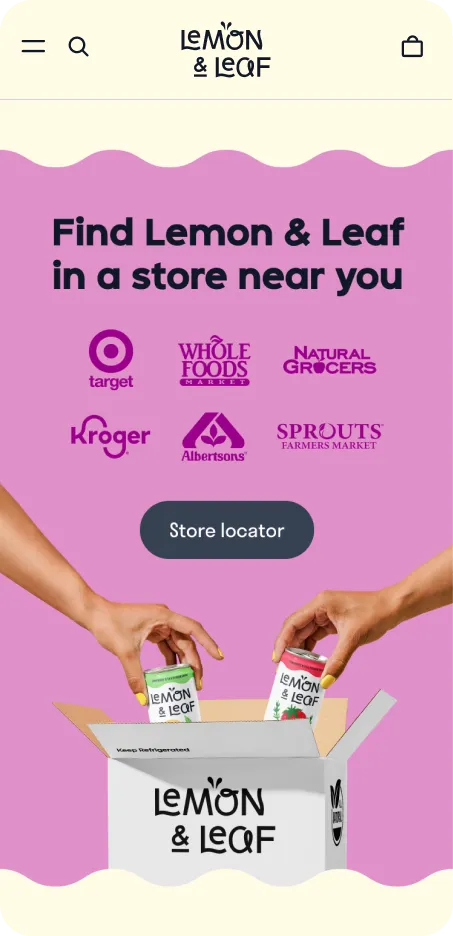 A mobile store locator page reading "Find Lemon & Leaf in a store near you" with retailer logos.