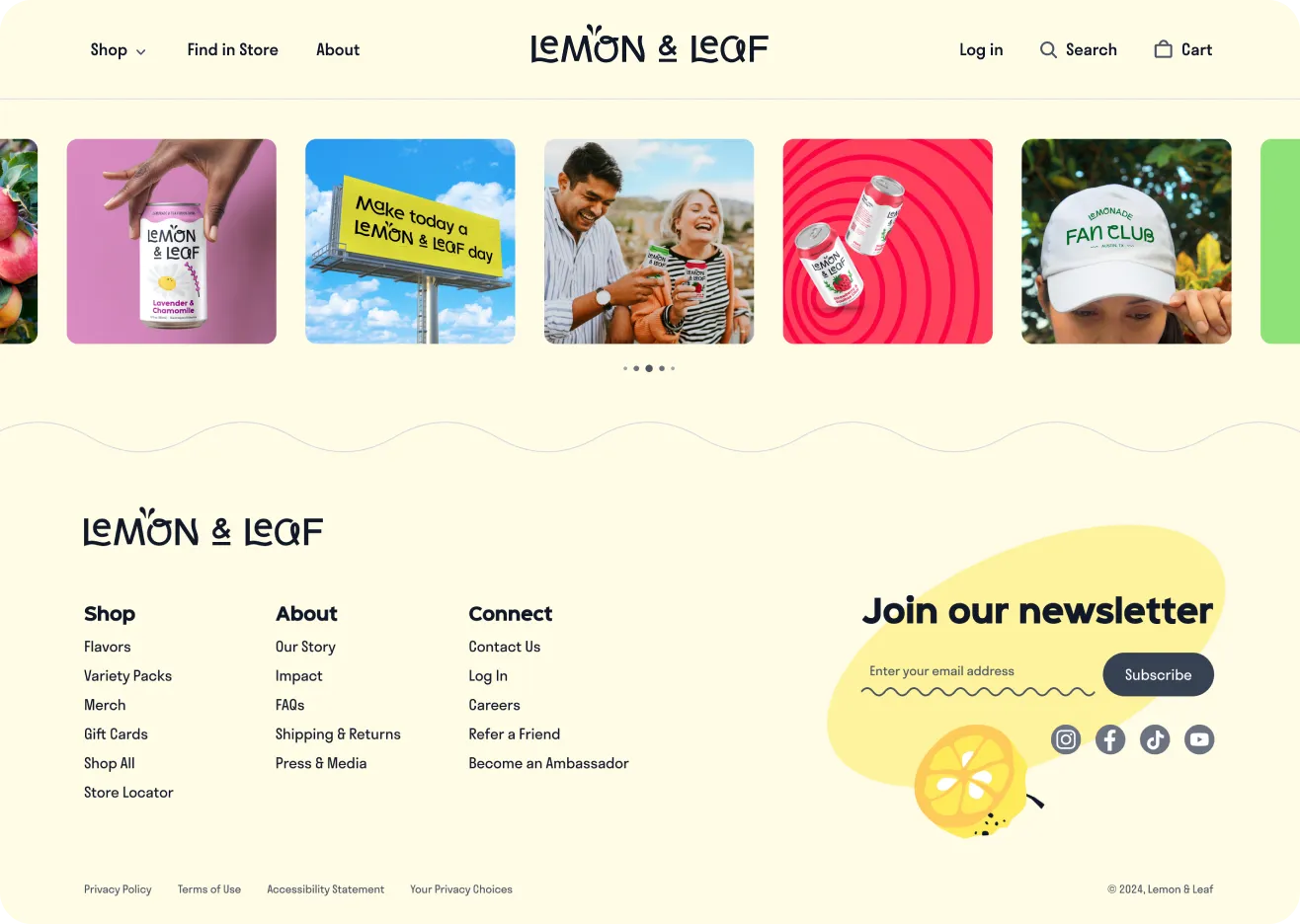 A Lemon & Leaf site footer with product imagery and a newsletter signup panel.