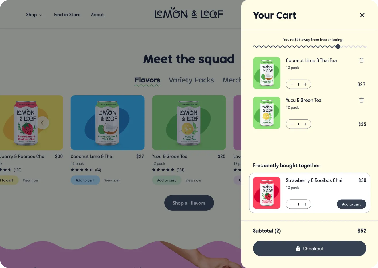 The Lemon & Leaf "Meet the squad" shop page with the cart panel open.