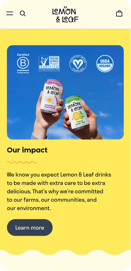 A mobile "Our impact" section describing Lemon & Leaf's commitment to farms and communities.
