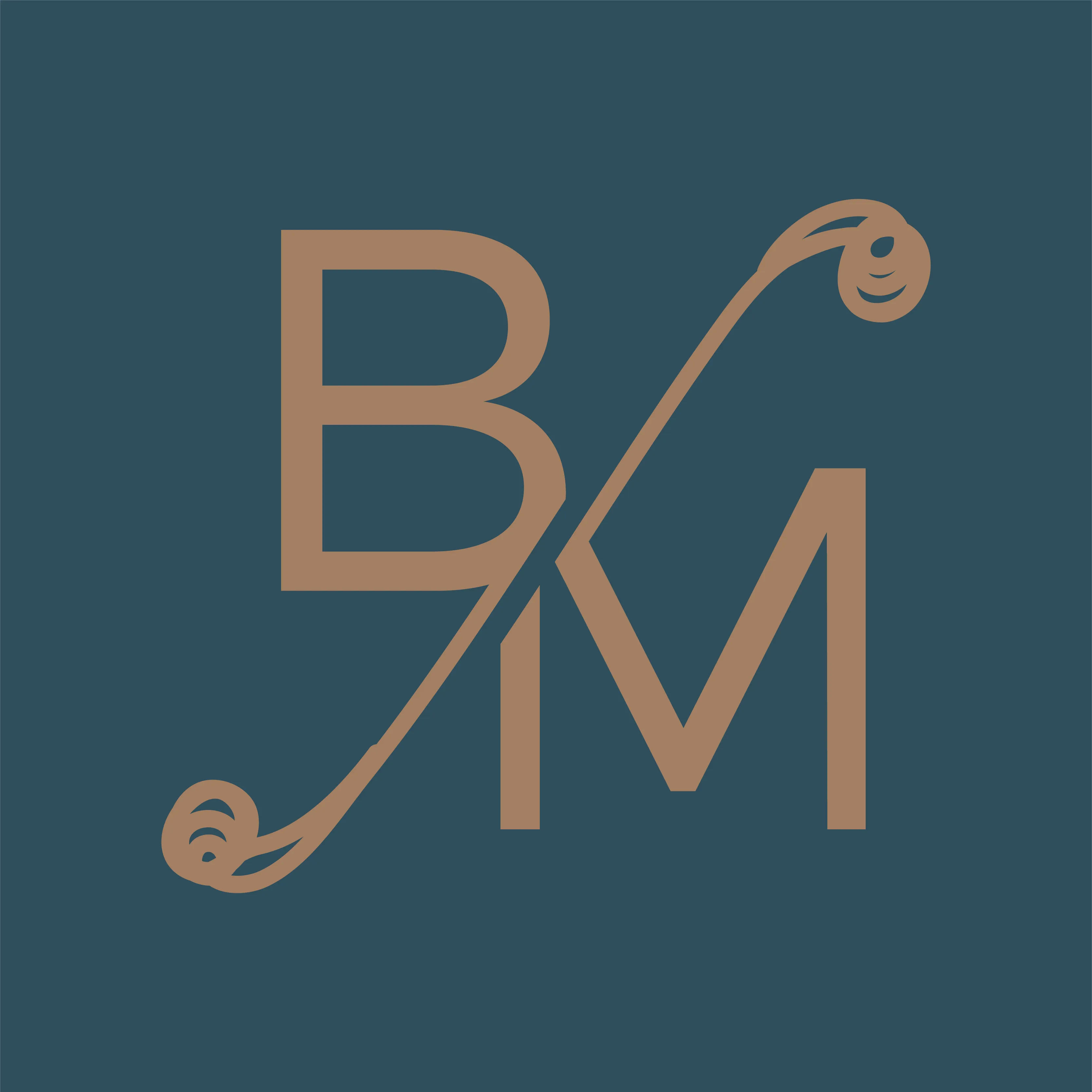 The Being Marketers BM monogram in tan on a dark teal background.