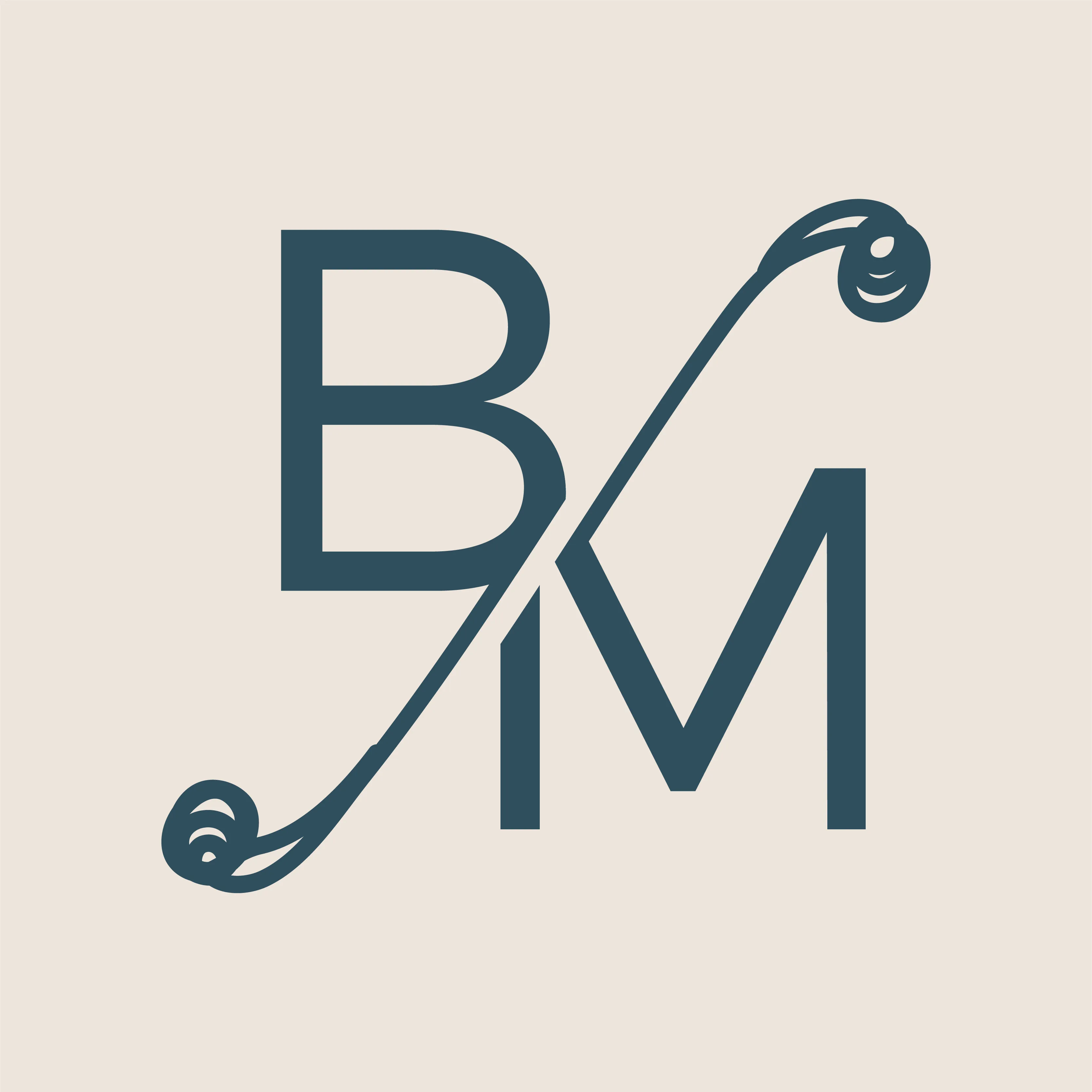 The Being Marketers BM monogram, its letterforms joined by a leafy flourish, in teal on cream.