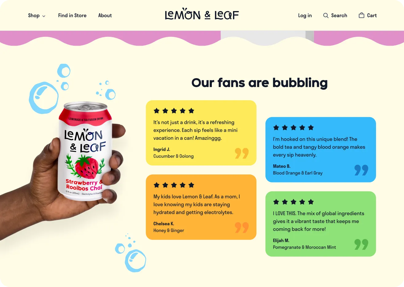 A Lemon & Leaf reviews section headed "Our fans are bubbling" with customer review cards.