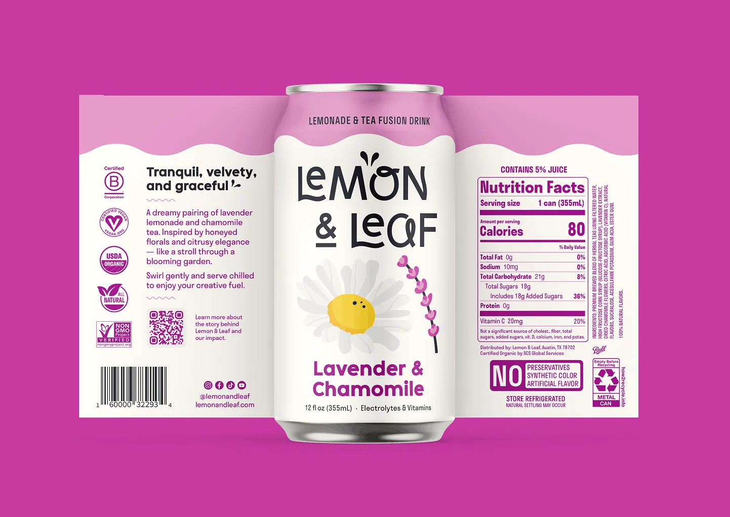 The back of a Lemon & Leaf Lavender & Chamomile can showing nutrition facts, on magenta.