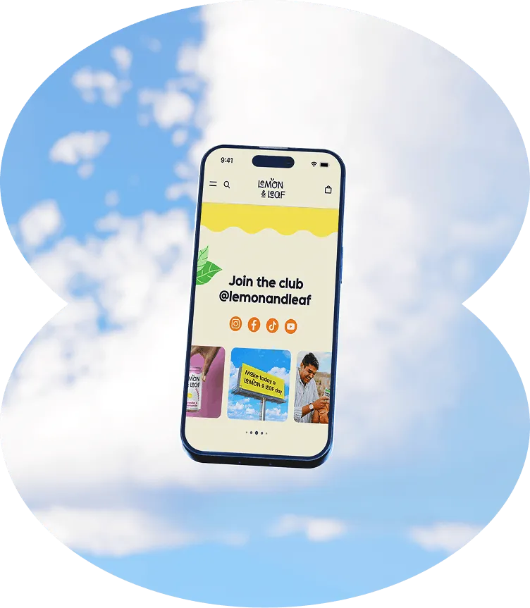 A phone in a cloud-shaped frame showing a Lemon & Leaf "Join the club" screen.