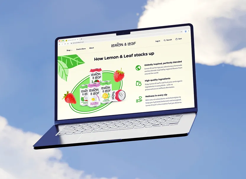 A laptop against a cloudy sky displaying a Lemon & Leaf newsletter signup page.