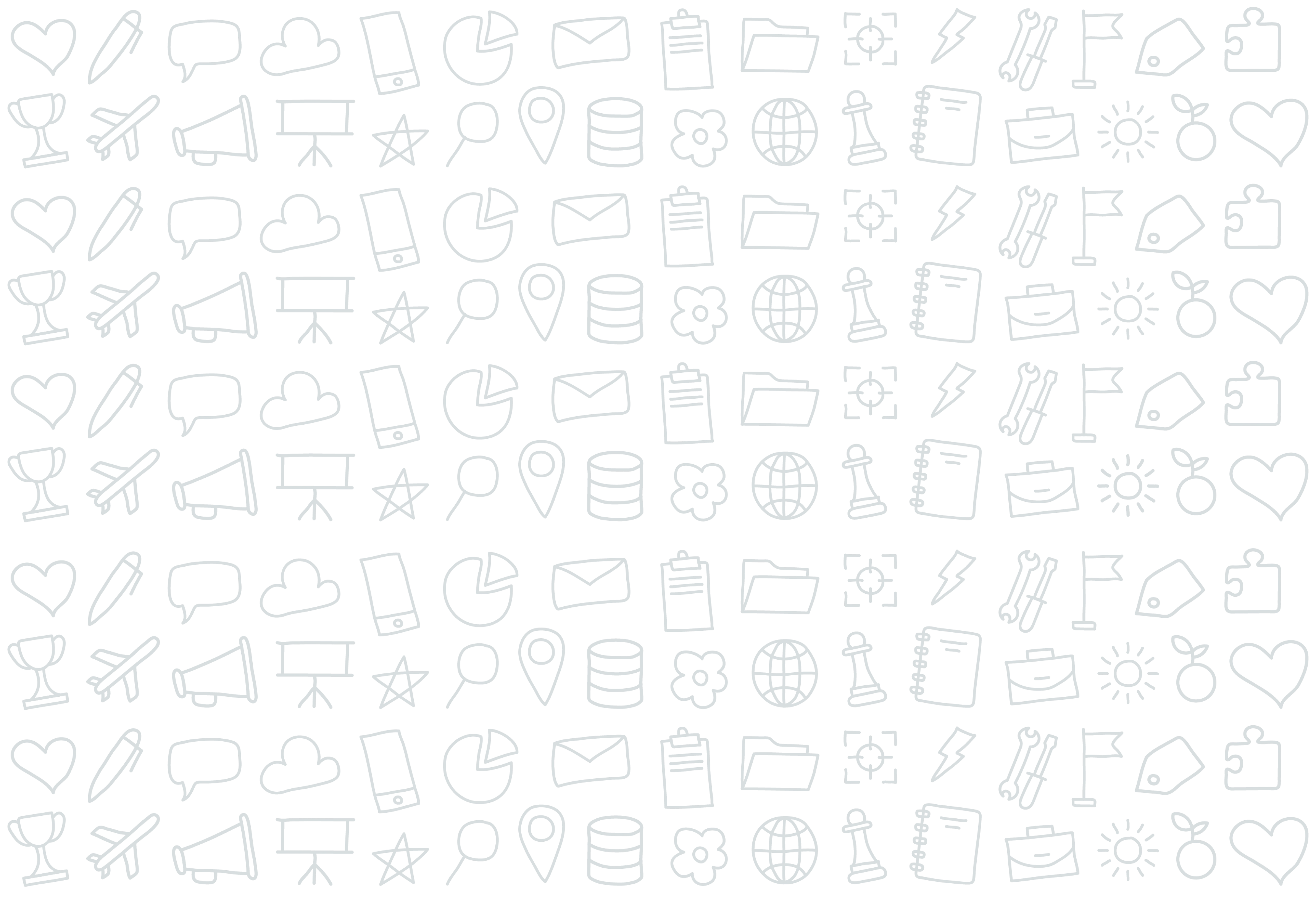 A repeating pattern of fine line icons including envelopes, hearts, charts and tools.