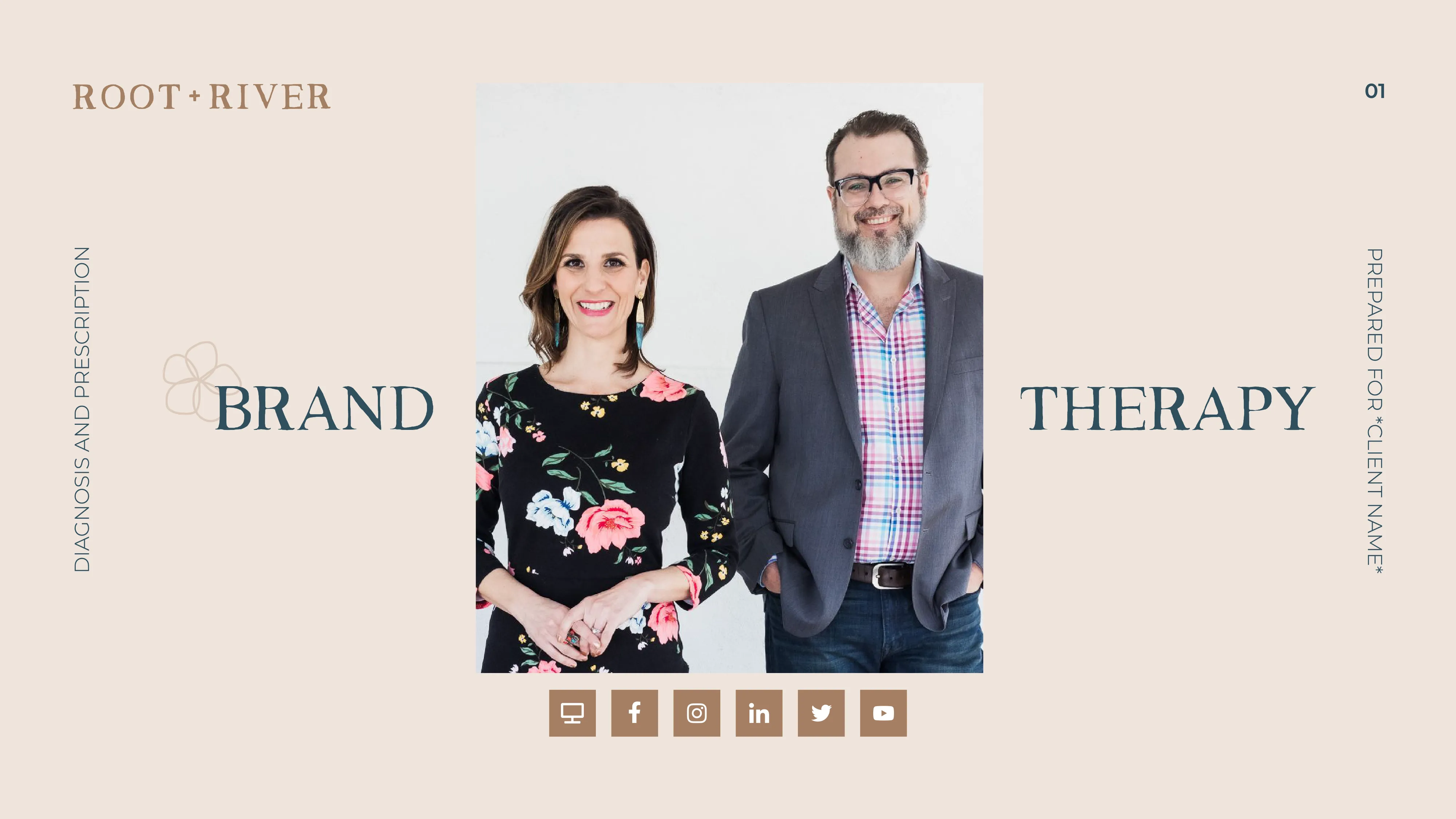 A Brand Therapy deck cover with a photograph of the two Root + River founders.