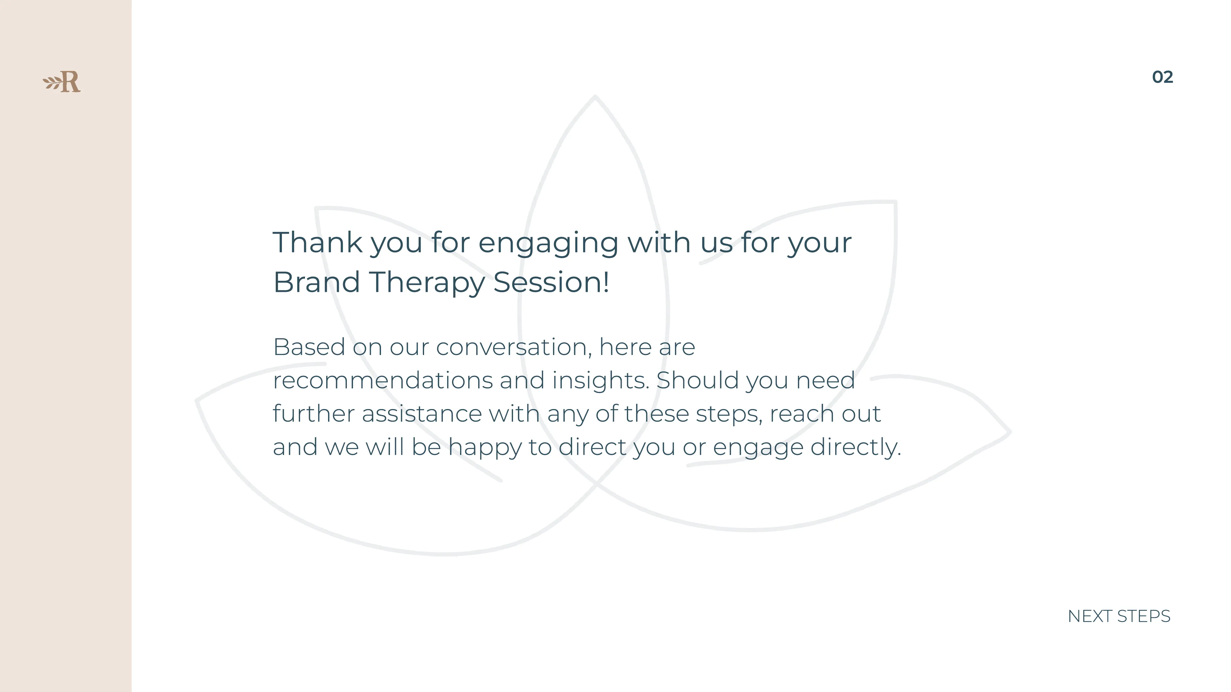 A Brand Therapy slide thanking the client for engaging in their session and offering next steps.