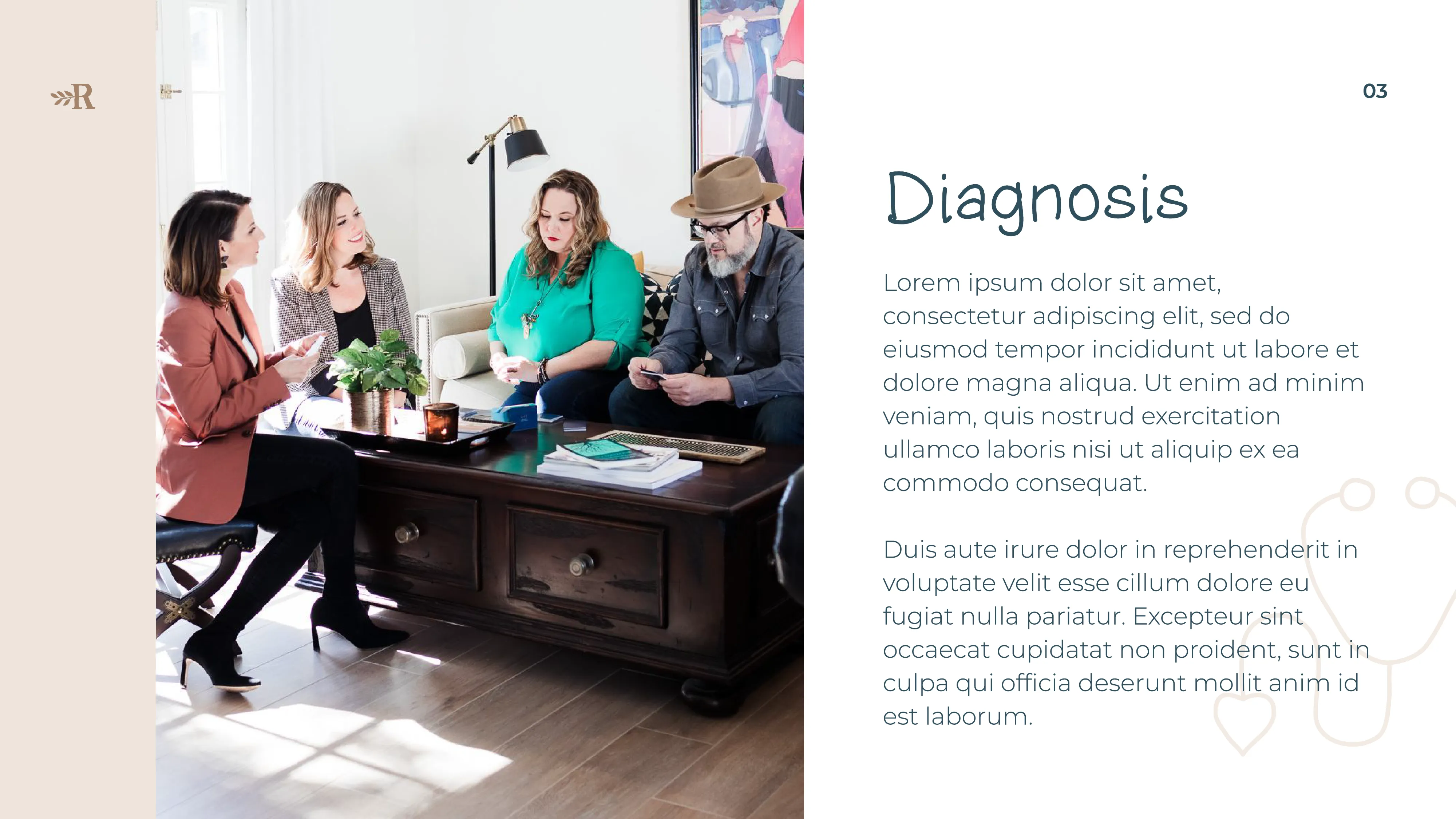 A Brand Therapy slide headed "Diagnosis", with a photograph of a team working at a table.